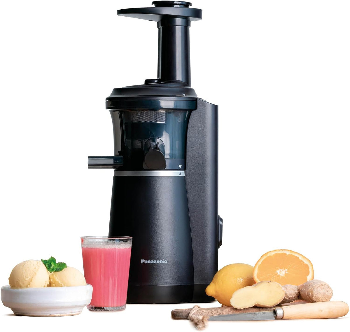 Licuadora Slow Juicer MJ-L501, Exprimidora eléctrico de frutas y verduras, 150 W, acero inoxidable y plástico, diseño elegante y delgado, accesorio