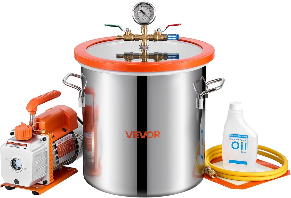 VEVOR Equipo de vacío y bomba, Cámara de vacío con Bomba de vacío giratoria de una Sola Etapa, Kit de Herramientas de Aire para estabilización de