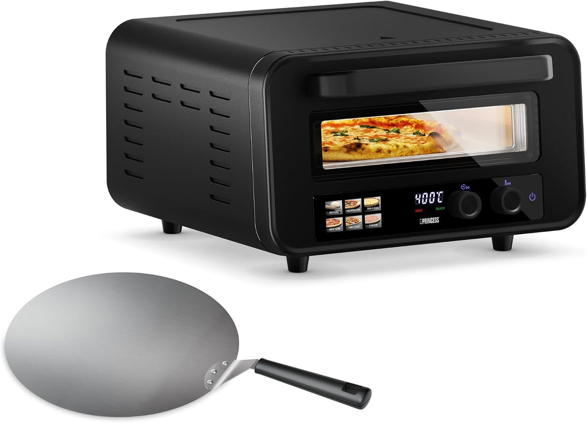 Princess Hornos individuales para pizza, Horno para Pizza Pro Max, 15L, 400°C, 2100W, Control Digital, Piedra y Pala Incluidas, Calor Superior e