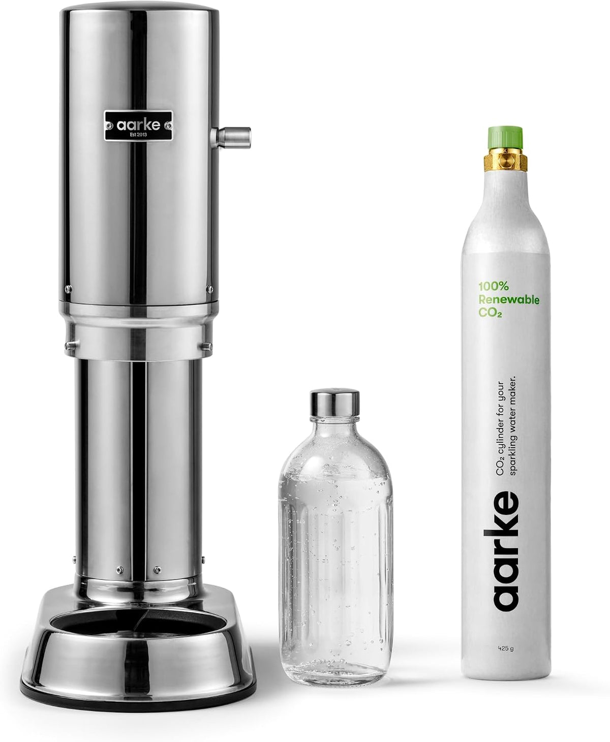 aarke Sifones y máquinas para hacer soda, Carbonator Pro - Pulverizador de agua con botella de cristal, acabado en acero inoxidable + cilindro de CO2
