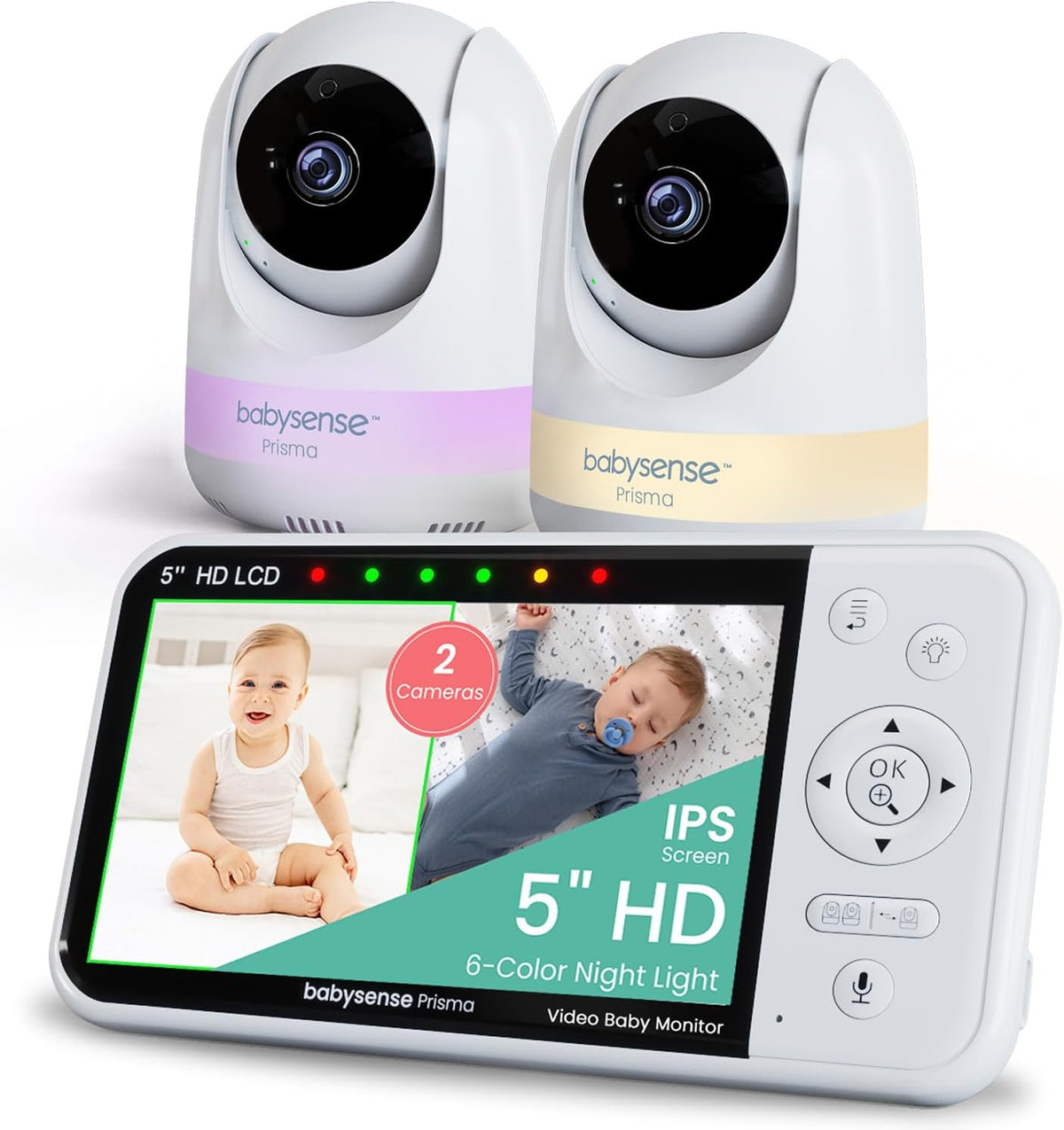 Monitores de vídeo de Babysense, Vigilabebés 720p HD 5 pulgadas con 2 cámaras, vídeo vigilabebés sin WiFi, luz nocturna de 6 colores, canciones de