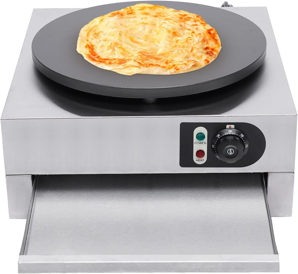 Crepera Crepes eléctrico de 40 cm, con bandeja extensible, termostato integrado, 50, 300 °C, ajustable sin niveles, 3 kW, NadineDutol