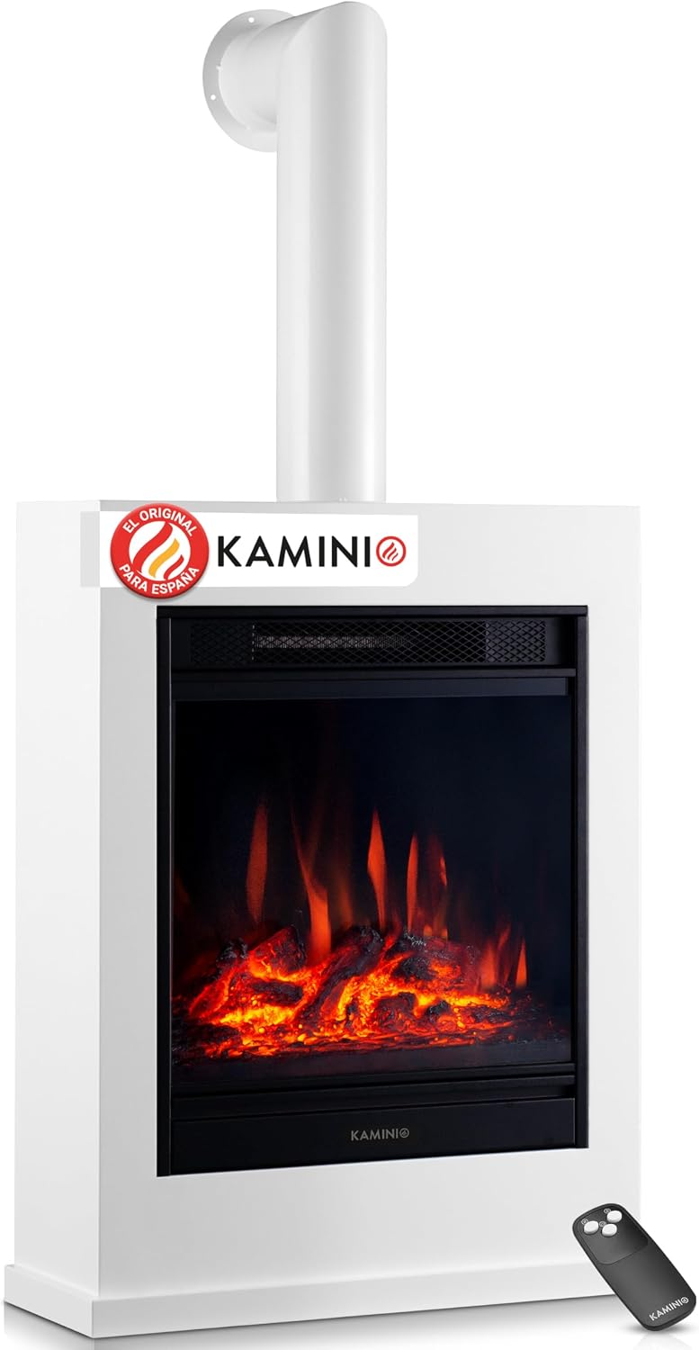 Chimenea eléctrica KAMINIO, Kalle con Tubo de Chimenea - Chimenea eléctrica de pie con calefacción, Efecto de Llama 3D, Control Remoto (Blanco)