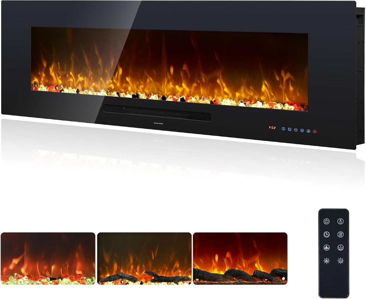 Chimenea eléctrica de montaje en pared, 13 modos de color LED, efecto llama, función de temporizador, 127 cm, pantalla táctil de cristal y mando a