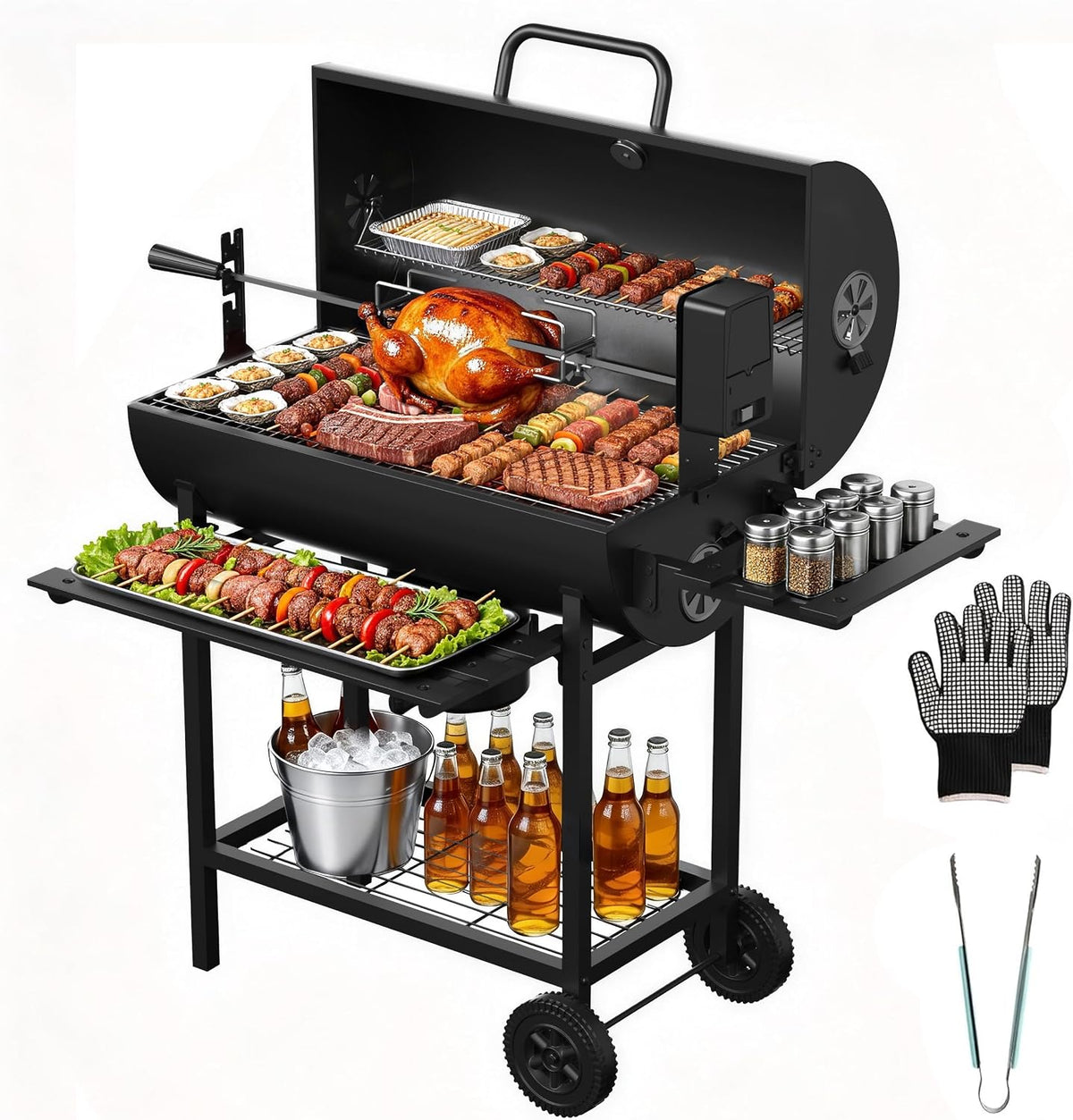 Barbacoas de carbón de DEWINNER, TEENO Barbacoa de carbón con soporte para asar al pollo, rejilla XXL de doble capa, termómetro, cajón de ceniza
