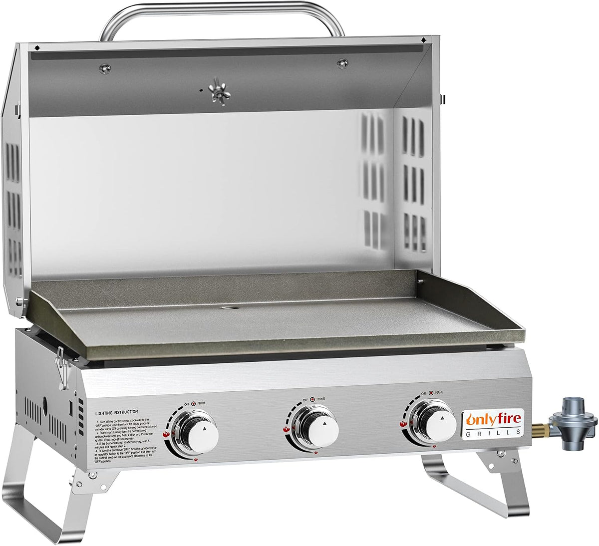ONLYFIRE GRILLS Parrillas de propano, Plancha de gas de mesa con patas plegables, parrilla de gas propano portátil de 3 quemadores, parte superior