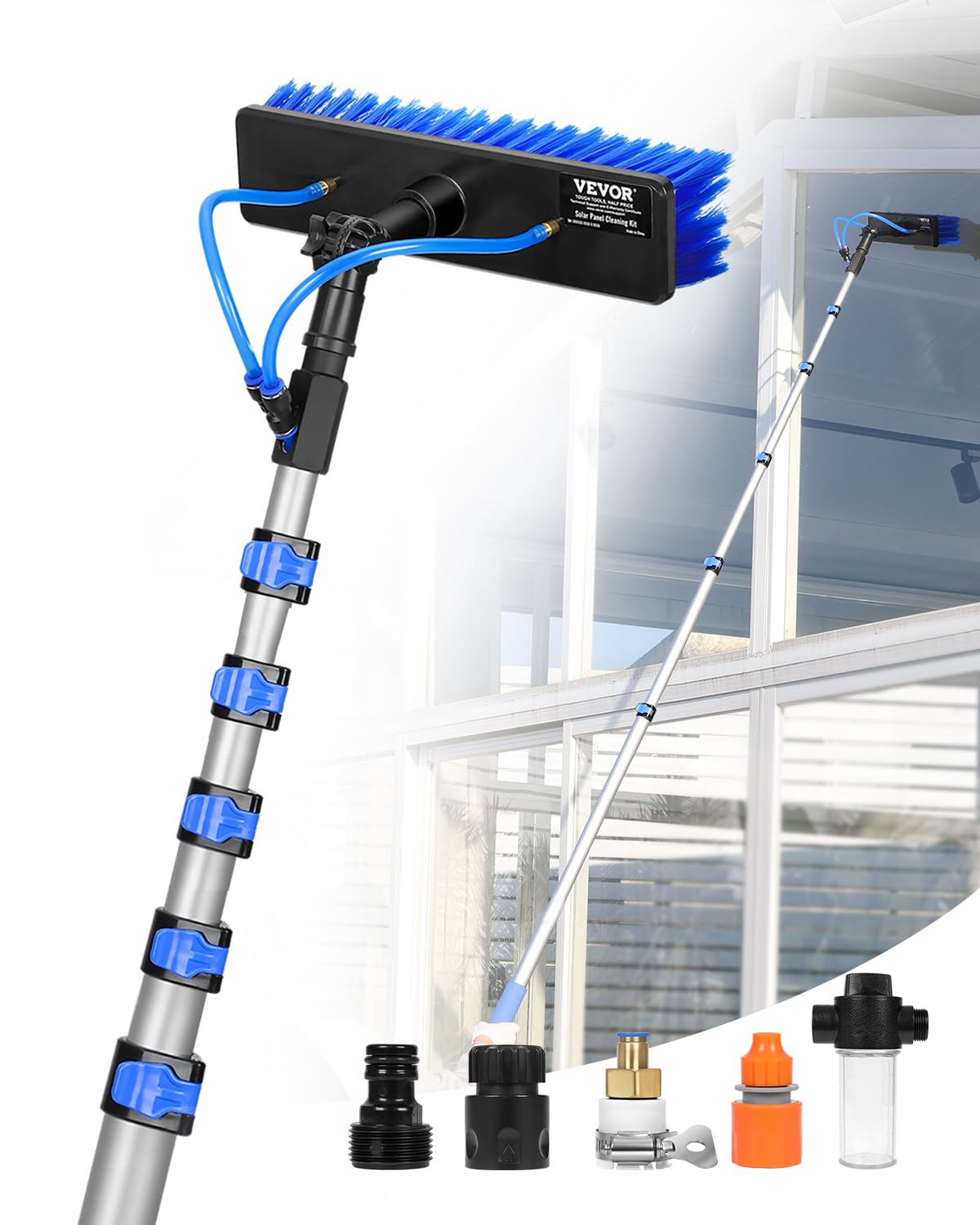 Barras telescópica Kit de Barra de Alimentación de Agua, Barra de Limpieza Paneles Solares 11 m con Mango Extensible, Cabezal Cepillo Giratorio 180° y