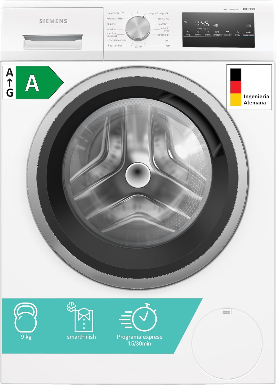 Lavadora SIEMENS, de carga frontal iQ300, 9 kg, 1400 r.p.m, smartFinish, Tambor waveDrum, Motor iQdrive, Blanco, WM14N290EP