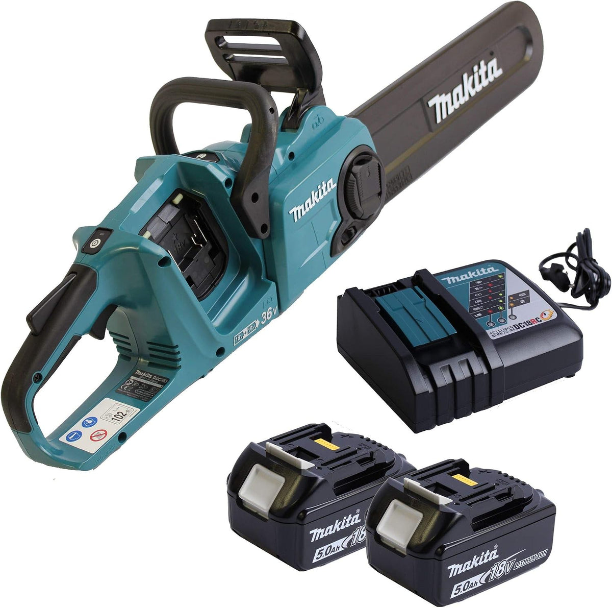 DUC353Z de Makita, motosierra, Motosierra de doble batería + 2 baterías BL1850B Li-Ion 18.0 V 5.0Ah + cargador rápido DC18RC 7.2 V - 18 V