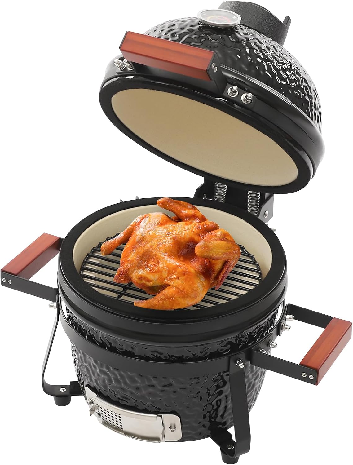 Barbacoas de carbón CUSANSK, Barbacoa de carbón vegetal de cerámica de 50 x 47 cm con termómetro, superficie de parrilla de 32 cm y aislamiento