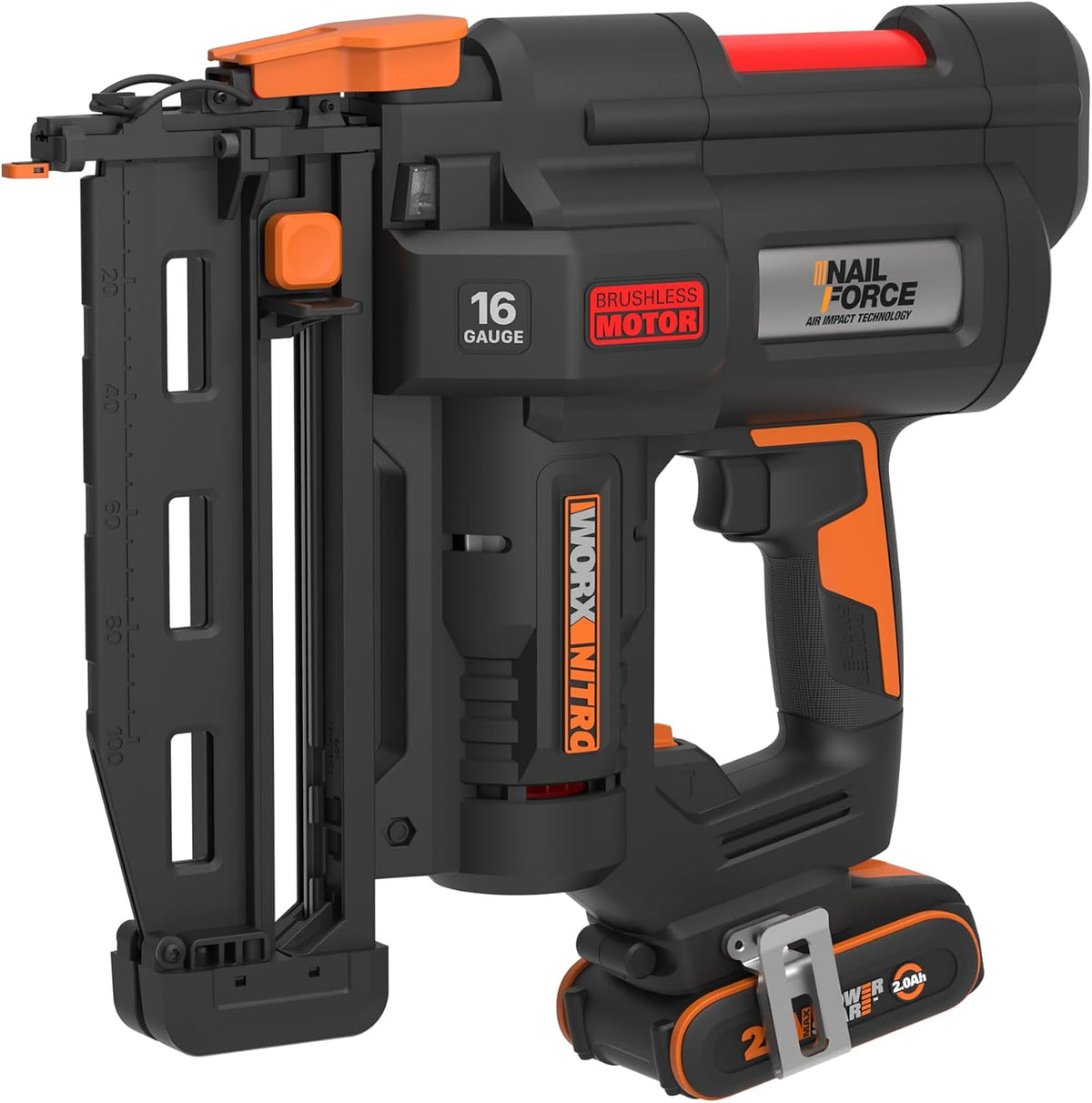 Grapadoras y clavadora WORX, WX841 Nitro, Clavadora eléctrica inalámbrica 20 V, 2 Ah, Tire hasta 80 clavos por minuto, Hasta 64 mm en la madera