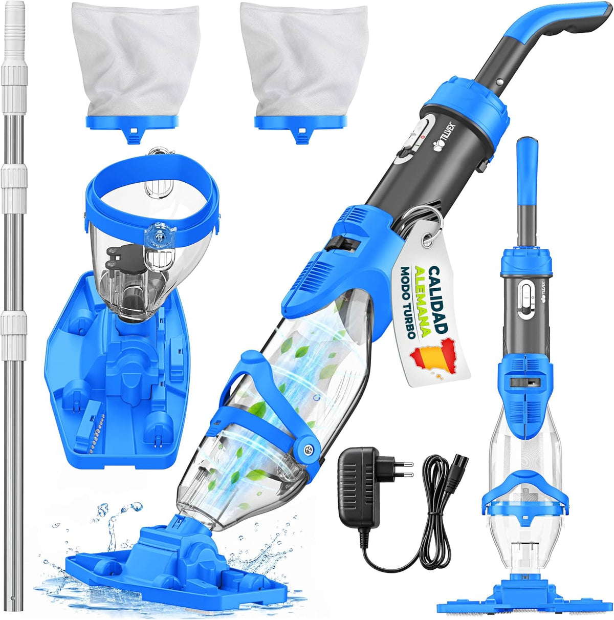 tillvex Limpiafondos automático, Aspirador de Piscina con batería y Barra telescópica + Filtro de Repuesto de hasta 15 m³