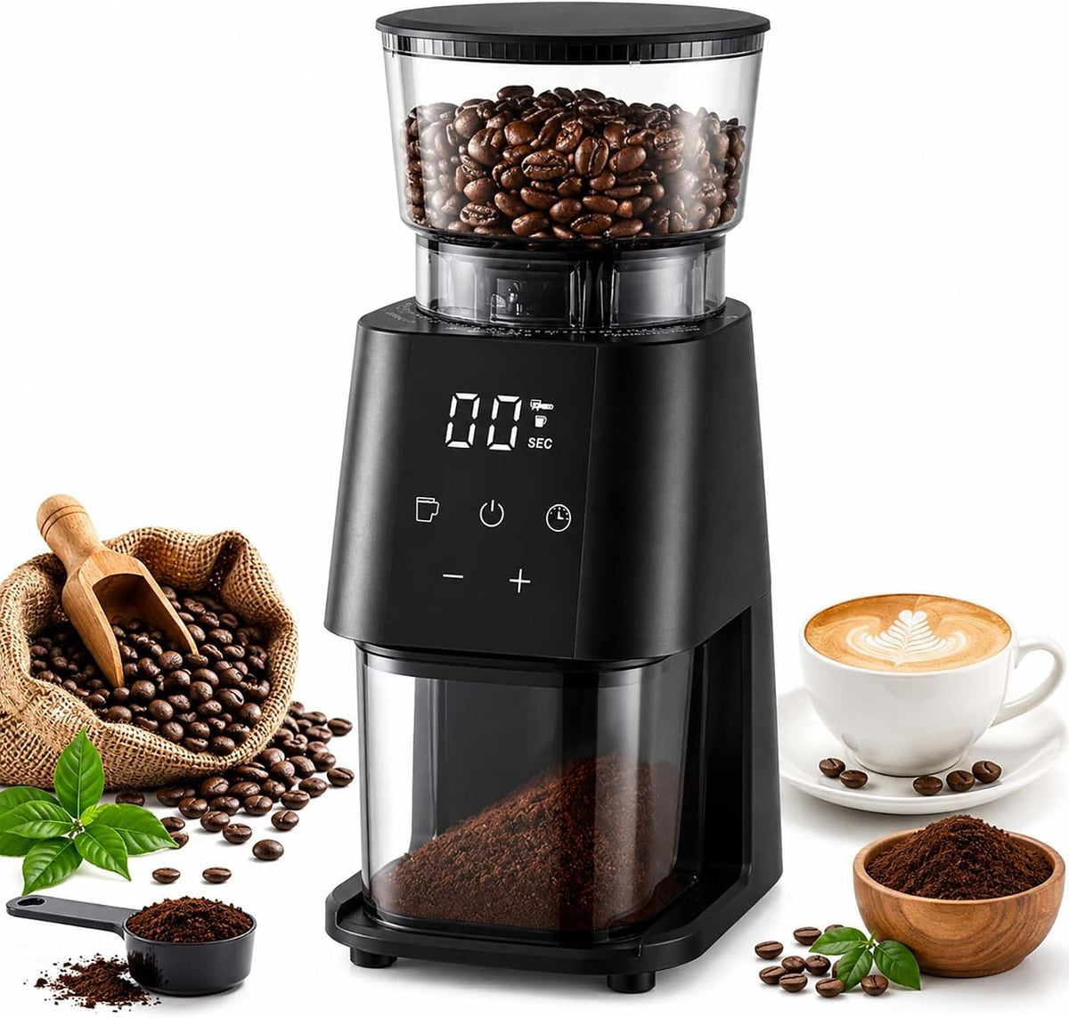 Molinillos de café eléctricos con cono de Generic, Molino de café eléctrico con 30 ajustes de grosor y capacidad de 130g