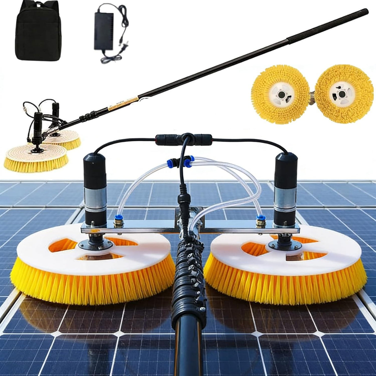 Himopuer Barras telescópica, Cepillo de Limpieza Solar de Doble Cabezal, Alcance de Limpieza de 65 cm, con pértiga telescópica y Longitud Ajustable