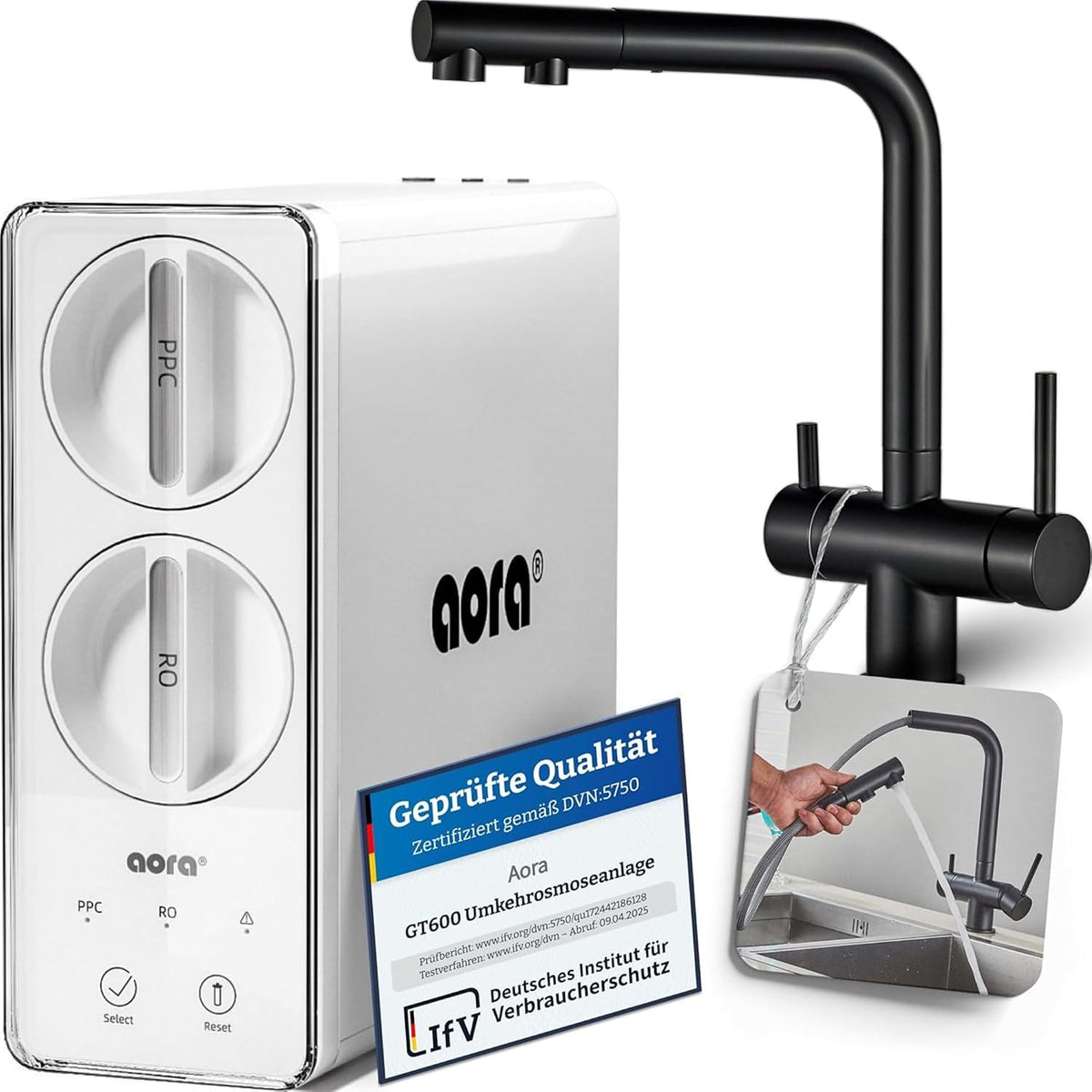 Aora GT600 Sistemas integrado, Sistema de ósmosis inversa + Grifo de tres vías de acero inoxidable SIN perforación, Filtro de agua por ósmosis con