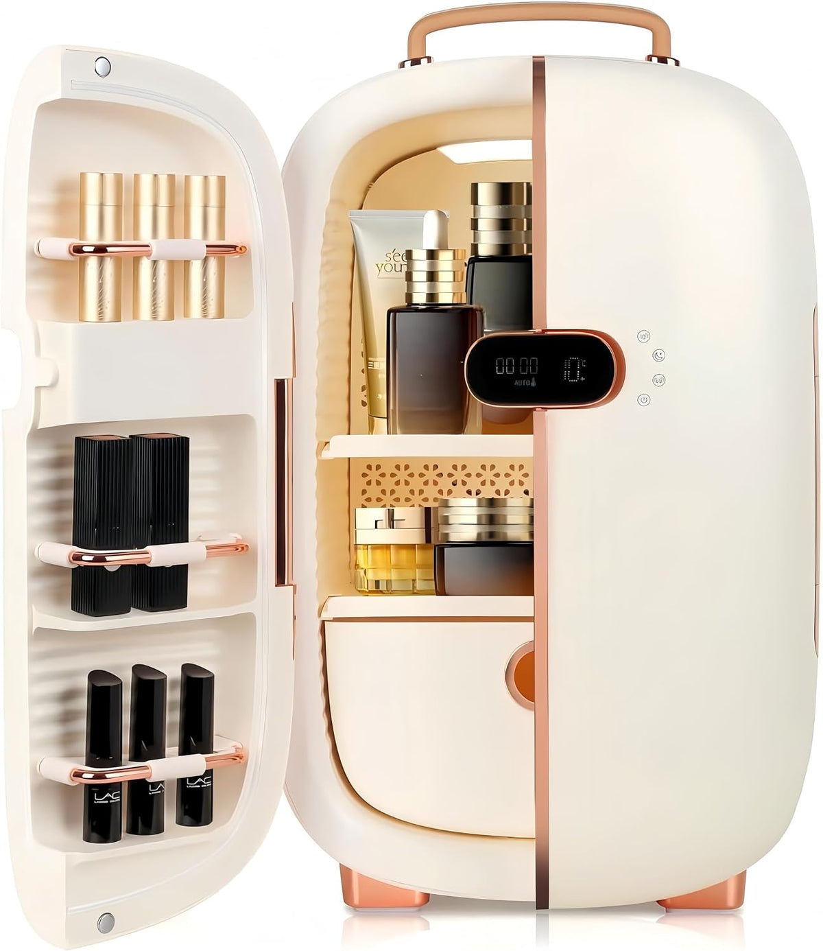 Mini frigorífico de KFO, Mini Nevera de Belleza para Cosméticos - 12L Capacidad, 20dB Silencioso, Portátil con Asa, Función Frío y Secado, Ideal para