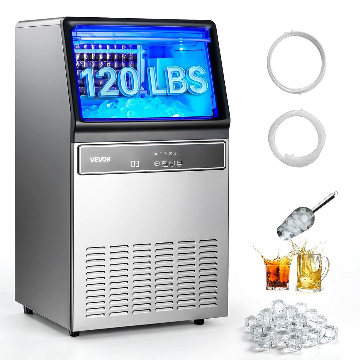 Máquinas para hacer hielo VEVOR, Máquina para Fabricar Hielo 54, 4 kg/24 h Almacenamiento 8, 6-15 kg, 45 Cubitos por Ciclo, de Acero Inoxidable