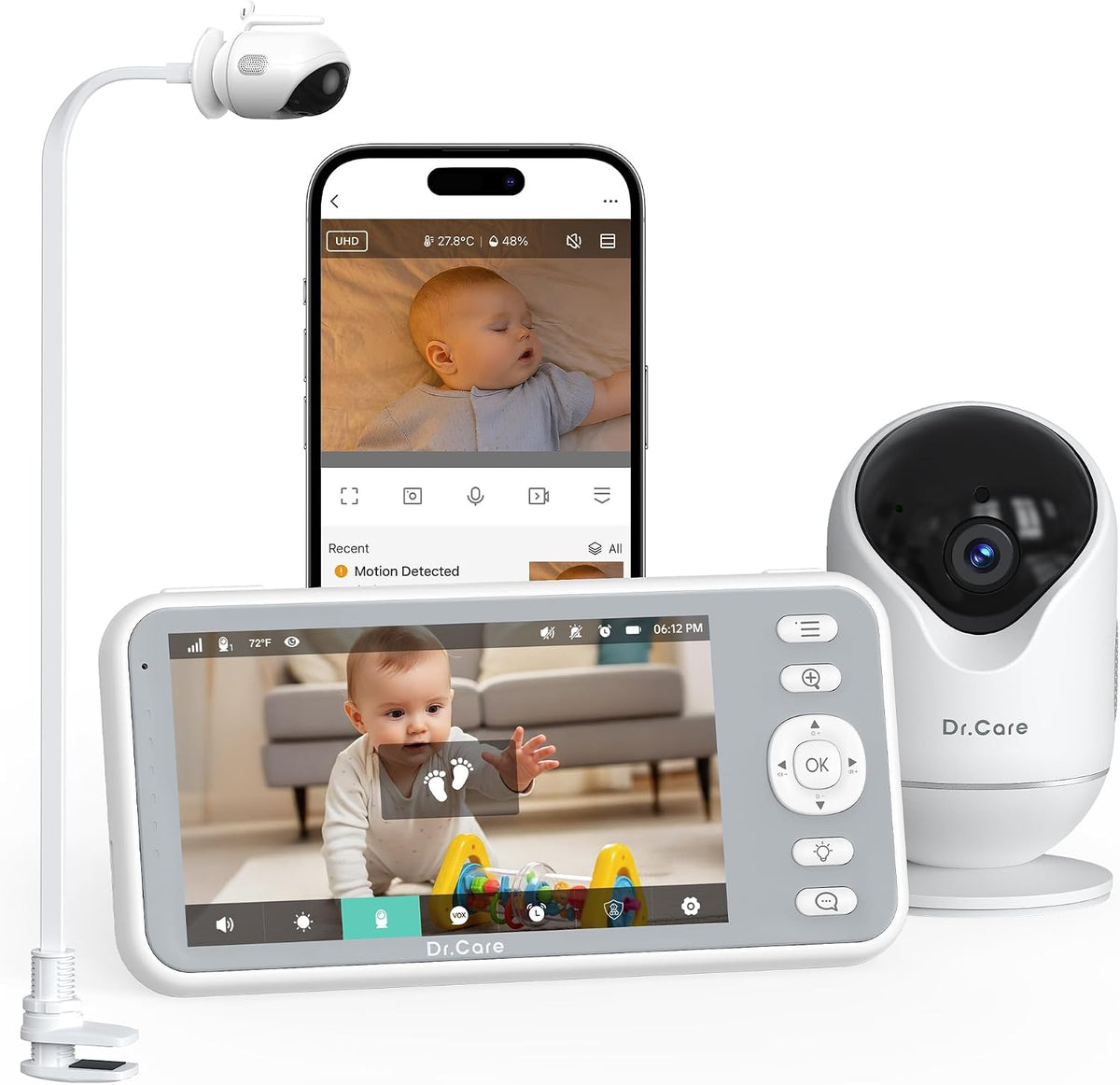 Monitores de vídeo Camara Vigilancia Bebe WiFi 1080p, Pantalla 5', Soporte con Pinza, Dr.Care