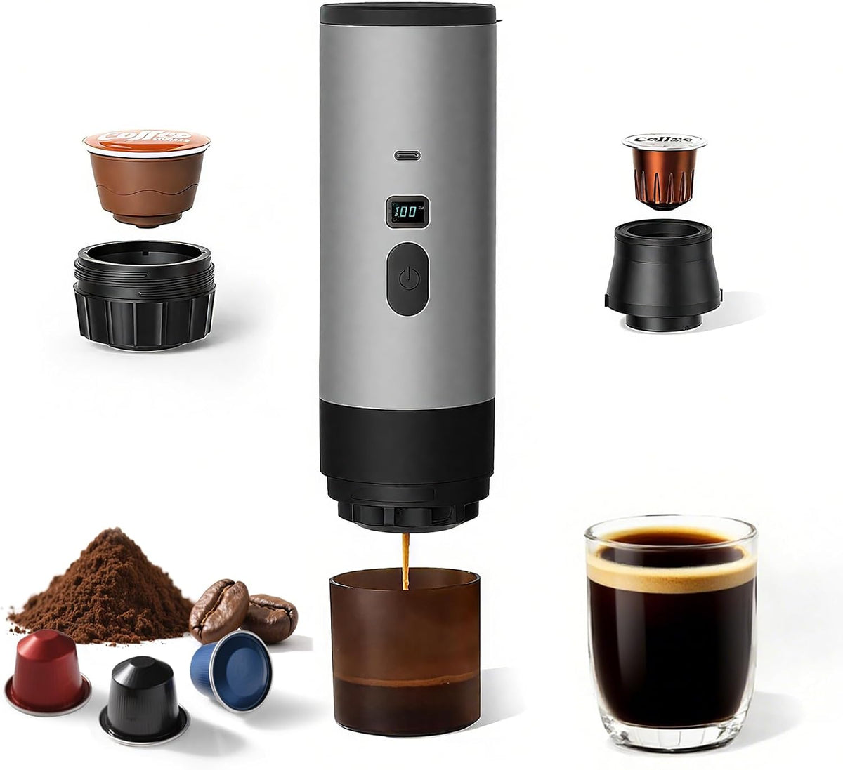 LUOJIGUO Cafeteras individual, Cafetera portátil con batería de 7800 mAh y pantalla digital, cafetera de viaje autocalentable para camping, coche