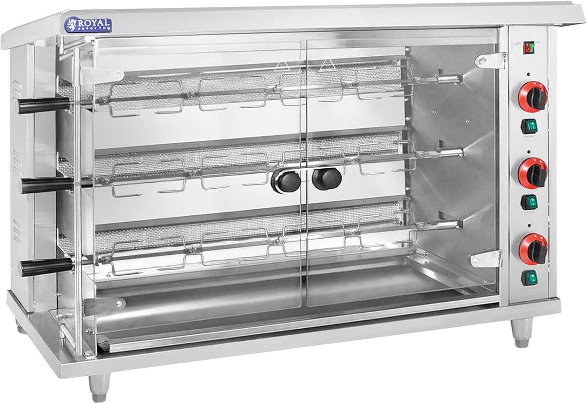 Royal Catering Parrillas eléctricas de exterior, Asador de pollos a gas 3 espadas Con iluminación - Estructura robusta en acero inoxidable, Compatible