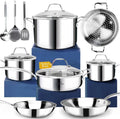 Baterías de cocina HOMICHEF, juego de utensilios de cocina de acero inoxidable sin níquel de 14 piezas con revestimiento completo de 3 capas - Ollas y