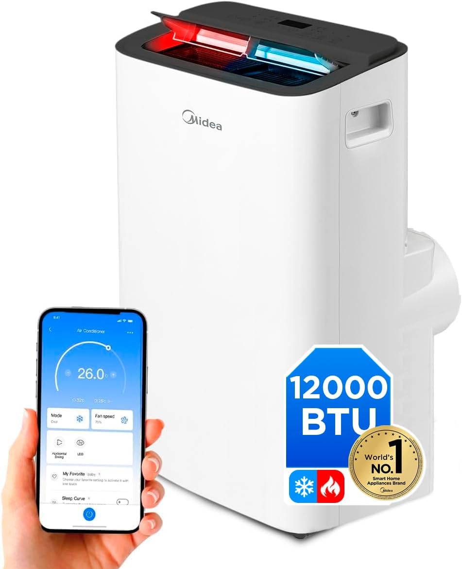Midea Aire acondicionado portátil, Pingüino Aire Acondicionado Portátil Frío y Calor 3000 Frigorías / 12000 BTU - Climatizador silencioso con bomba