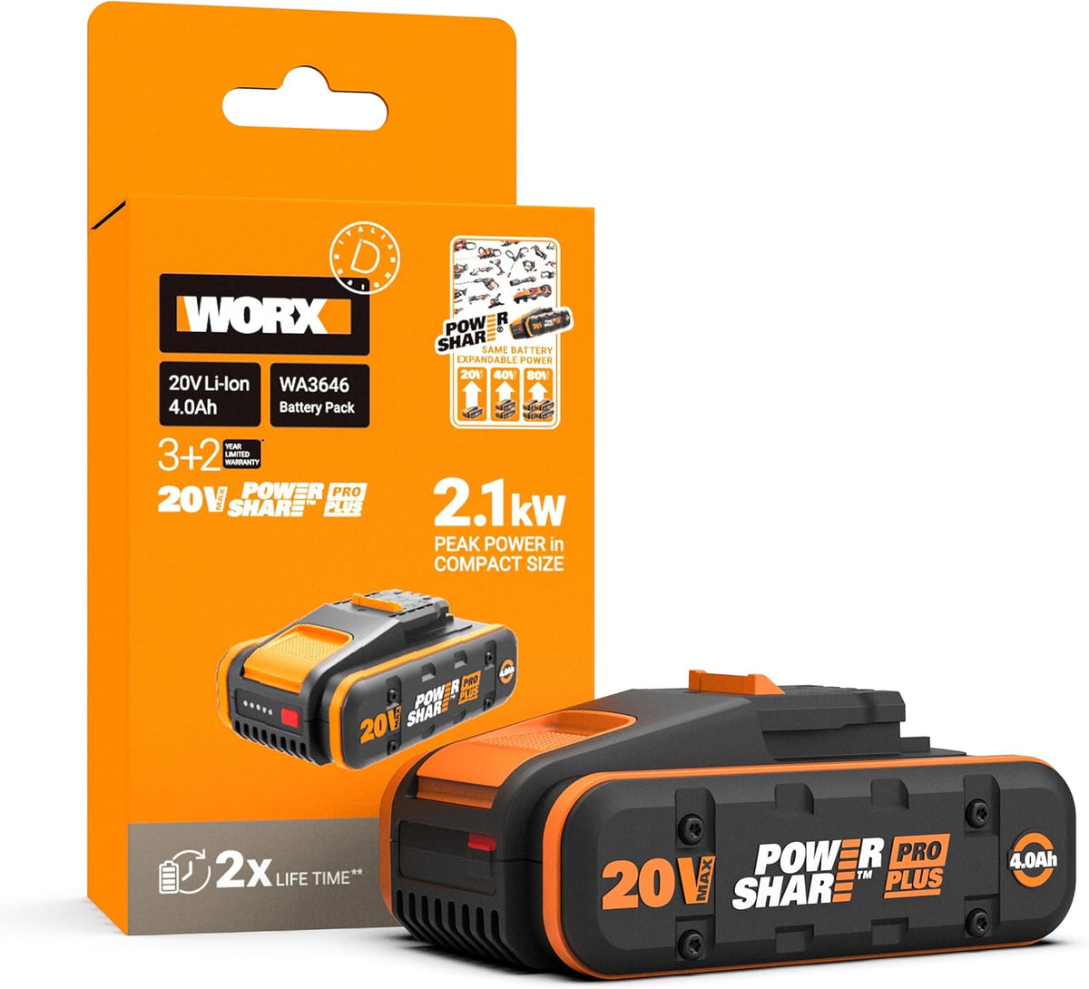 WORX WA3646 Batería, Powershare Pro Plus 20V 4Ah, batería de Ciclo Largo, con tecnología de Alto Rendimiento, indicador Integrado, Compacto y Ligero